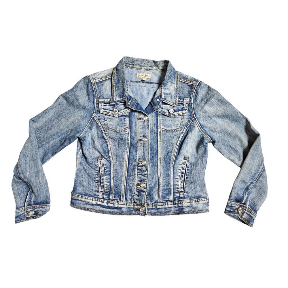 Vintage Earl Jean Cropped‎ Denim Trucker Jacket Rhinestones M Cotton Poly Y2K